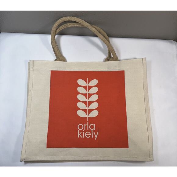Orla Kiely Jute Burlap Shopping Tote Bag Beige & Orange Jutexpo NWOT - Picture 1 of 10